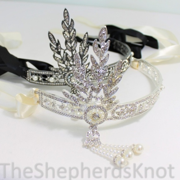 New 1920s Flapper Bride Headband Tiara Cream Black - Picture 8 of 9